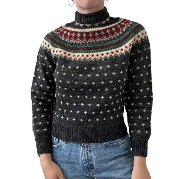 Vintage 1950s Womens Hand Knit 100% Wool Norwegian Fair Isle Sweater XS - Picture 3 of 8